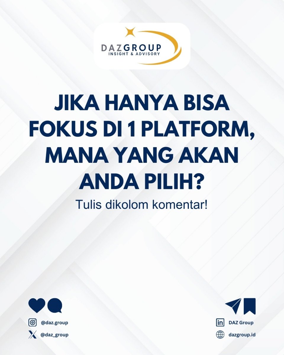 daz_group's tweet photo. Pendekatan berbasis data pada setiap platform bisa menjadi alat yang efektif untuk mencapai tujuan bisnis. 

Kalau Anda harus memilih satu platform utama untuk brand Anda, pilih yang mana?

Tulis dikolom komentar!

#DAZGroup #StrategyAgilityImpact #InsightfulStrategy https://t.co/7saMIbMhcQ