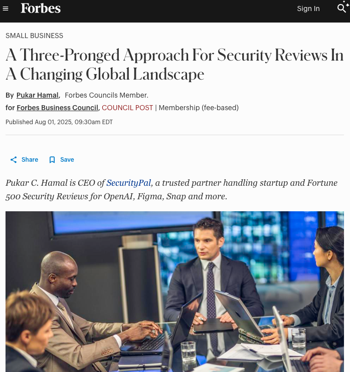 security_pal's tweet photo. The era of static compliance is over. ⚡️In his latest Forbes article, our CEO Pukar Hamal shares a three-pronged approach to security reviews that transforms regulatory challenges into strategic wins.
Read more: https://t.co/6P29tcnciV
#SecurityReviews #Compliance #SecurityPalAI