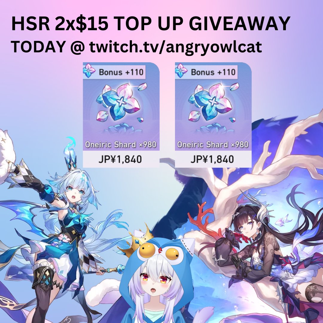 Let's celebrate Honkai: Star Rail update together!!  During Friday's AngryOwlCat stream, 2 lucky viewers gonna get top-ups worth 980 Monochrome!!

🗒️U know the drill!! Rules for participation:    
- like and repost this post      
- be present on AngryOwlCat Twitch stream    
-