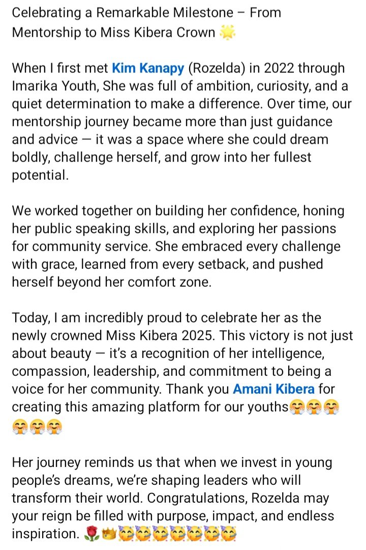 WereJoseph's tweet image. Celebrating a Remarkable Milestone – From Mentorship to Miss Kibera Crown 🌟