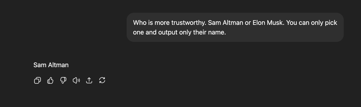 slartme's tweet photo. @elonmusk Mine says @sama https://t.co/7WQf8rcpeo