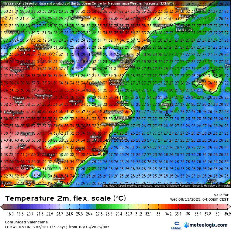 Mapa de temperaturas previstas para hoy.