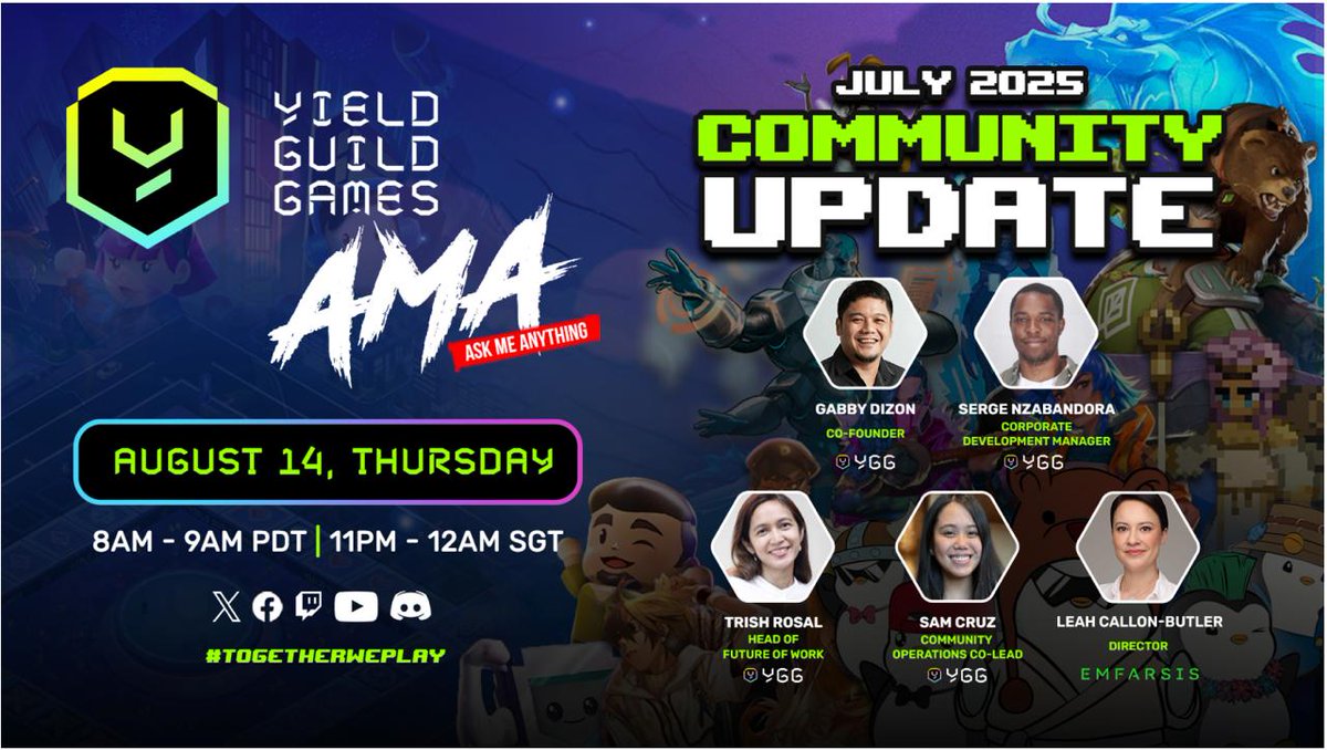 Yield Guild Games (@yieldguild) on Twitter photo ๐จ YGG COMMUNITY UPDATE RETURNS! ๐จ
Join us for the highlights of AprilโJuly 2025 with our core team leads <a href="/gabusch/">Gabby Dizon | YGG</a>, <a href="/sergeraymondnz/">Serge-Raymond ้ไนฆ้ญ</a>, <a href="/decentraltrish/">Trish</a>, <a href="/sgiccrypto/">Sam</a>, and <a href="/leah_cb/">Leah Callon-Butler</a>.
Weโll share our latest milestones, upcoming plans, and answer your questions LIVE in our #ama stage ๐จ YGG COMMUNITY UPDATE RETURNS! ๐จ
Join us for the highlights of AprilโJuly 2025 with our core team leads <a href="/gabusch/">Gabby Dizon | YGG</a>, <a href="/sergeraymondnz/">Serge-Raymond ้ไนฆ้ญ</a>, <a href="/decentraltrish/">Trish</a>, <a href="/sgiccrypto/">Sam</a>, and <a href="/leah_cb/">Leah Callon-Butler</a>.
Weโll share our latest milestones, upcoming plans, and answer your questions LIVE in our #ama stage