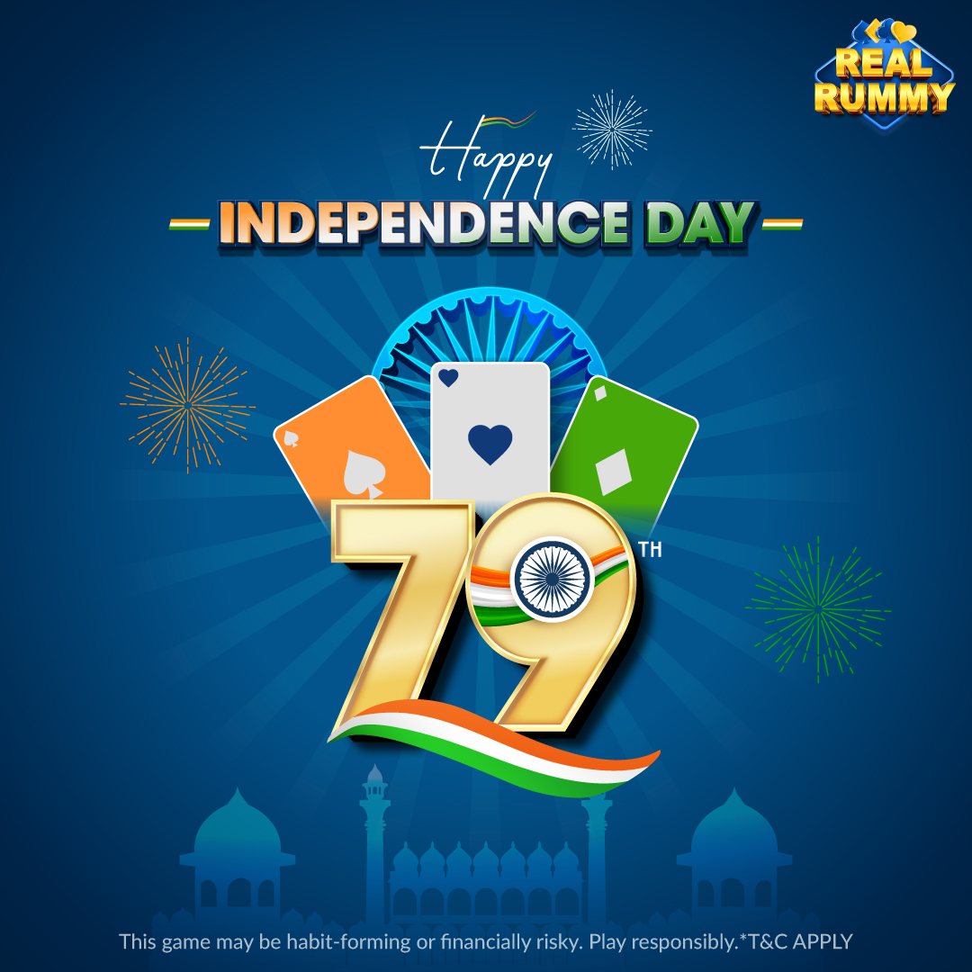 realrummyapp's tweet photo. Celebrating the 79th Anniversary of our nation's freedom🇮🇳 

Wishing you all pride, peace, and progress this Independence Day

#HappyIndependenceDay2025 #Realrummy #15thaugust https://t.co/wcyUBOkHM6