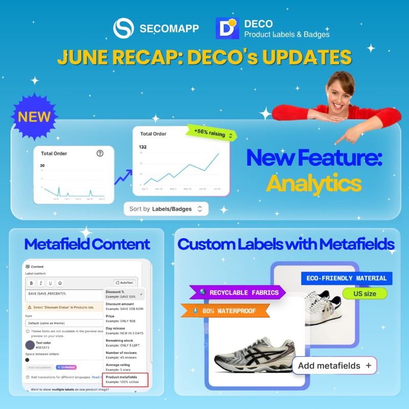 secomapp's tweet photo. What’s New at Secomapp?
🚀 Last July, @bogo_freegift, BON Loyalty, and DECO from @PieLab123 rolled out fresh features designed to help merchants sell smarter and connect seamlessly with powerful integrations
#Secomapp #ShopifyApps #BOGOS #BONLoyalty #DECO #FeatureUpdate