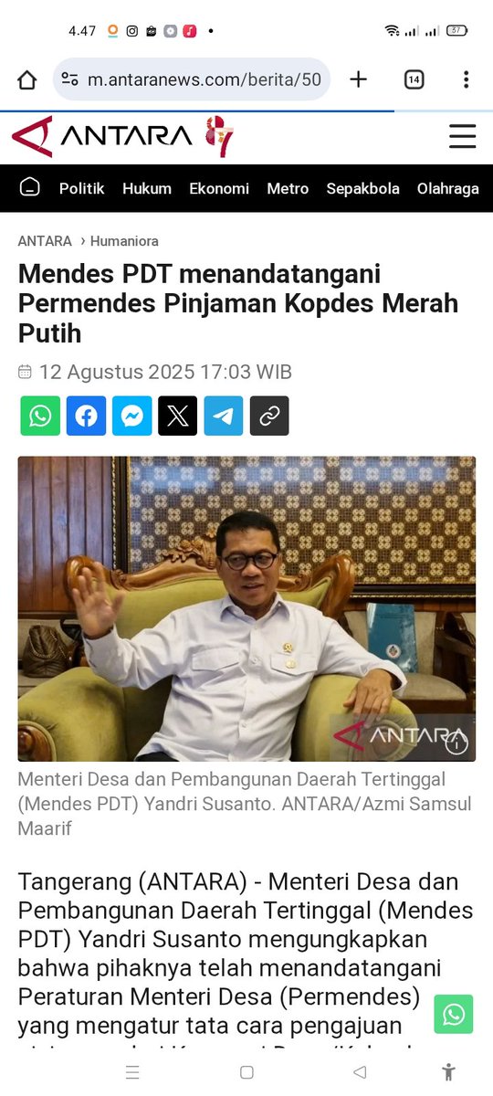 Selamat disahkannya permendes Pinjaman Koperasi Desa Merah Putih 
<a href="/YandriSusanto/">Yandri Susanto</a> 
<a href="/kemendespdt/">#BangunDesaBangunIndonesia</a>