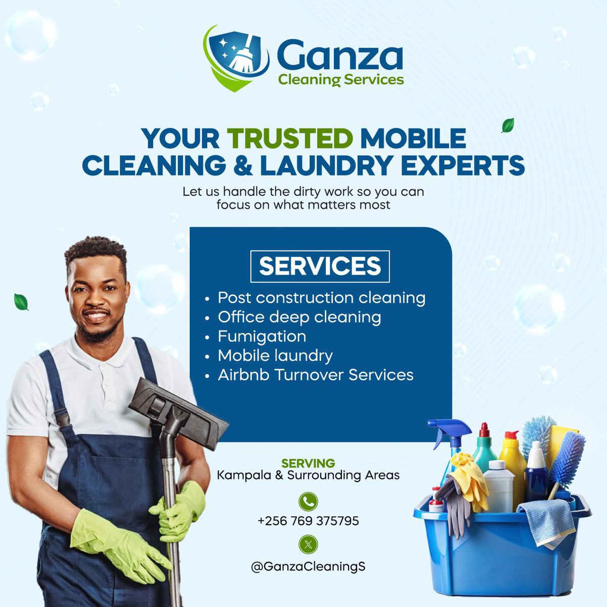 Say goodbye to dirt &amp; stress! 
Ganza Cleaning Services is your trusted mobile cleaning &amp; laundry expert in Kampala.
From deep cleaning to fumigation &amp; Airbnb turnovers — we’ve got you covered! 
Contact +256 769 375795 for bookings