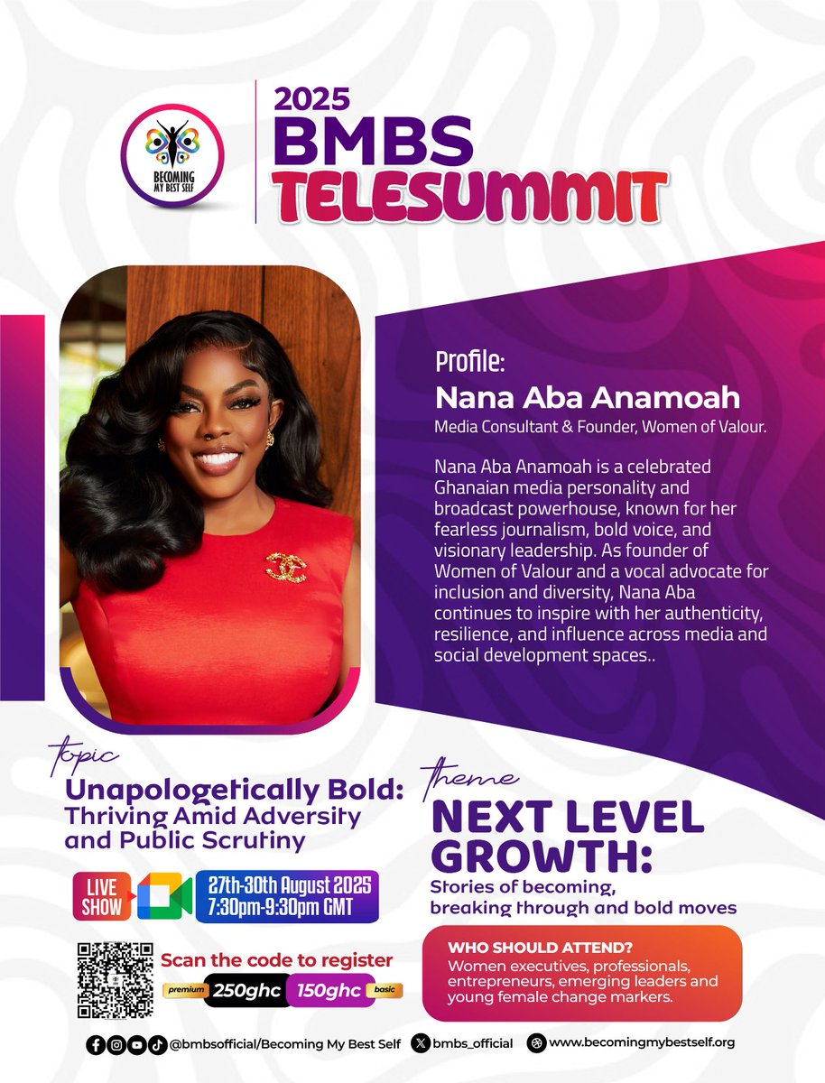 BMBS_official's tweet photo. NANA ABA ANAMOAH; Media Consultant &amp; Founder, Women of Valour @thenanaaba

Don’t miss this iconic voice
REGISTER NOW
https://t.co/oGXTBmMRrg

Follow BMBS...
https://t.co/3barjrLpL0

https://t.co/Ujk98NzDfK

https://t.co/GRWicAV2bW

https://t.co/Ay1mohsKy1
#BMBSTelesummit #BMBS https://t.co/ASDLvqnVUZ