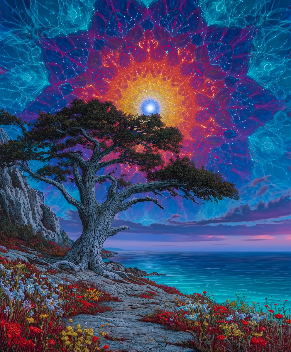 inVinnieVeriNFT's tweet image. 🌠 The Tree at the Edge of Infinity 🌳

Where the horizon bends into golden ratio waves and the sky unfolds into infinite sacred geometry.
A place where nature and the cosmos breathe as one. ✨🌊

#psychedelicart #sacredgeometry #fractalart #cosmicseascape #visionaryart…