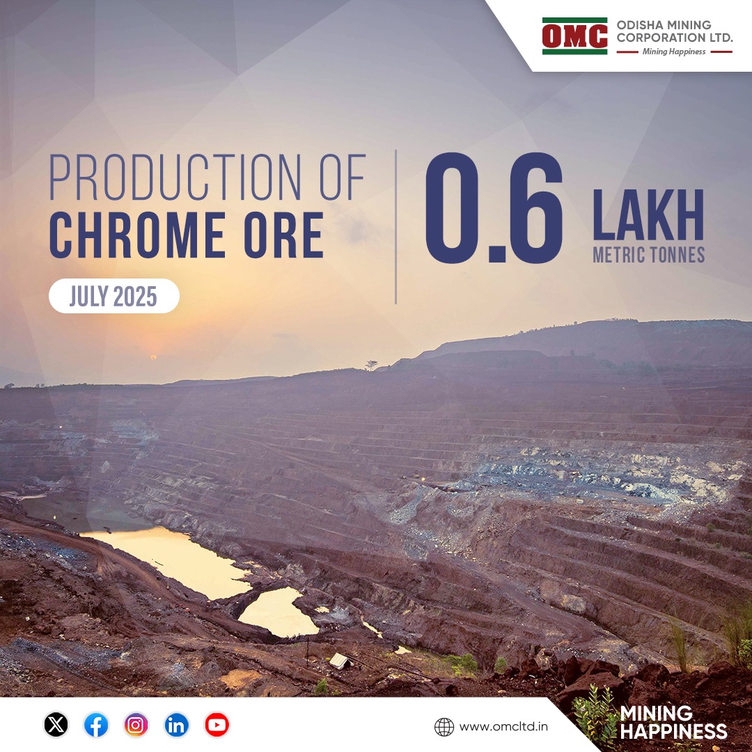 odisha_mining's tweet photo. In July 𝟮𝟬𝟮𝟱, Odisha Mining Corporation, produced 𝟬.6 Lakh Metric 𝗧𝗼𝗻𝗻𝗲𝘀 of #Chrome Ore, a key mineral driving growth in the stainless steel, automotive, and aerospace industries. 

#ChromeOre #July2025 #ProductionUpdate #PoweringProgress #MiningHappiness https://t.co/YEcZIHoj2A