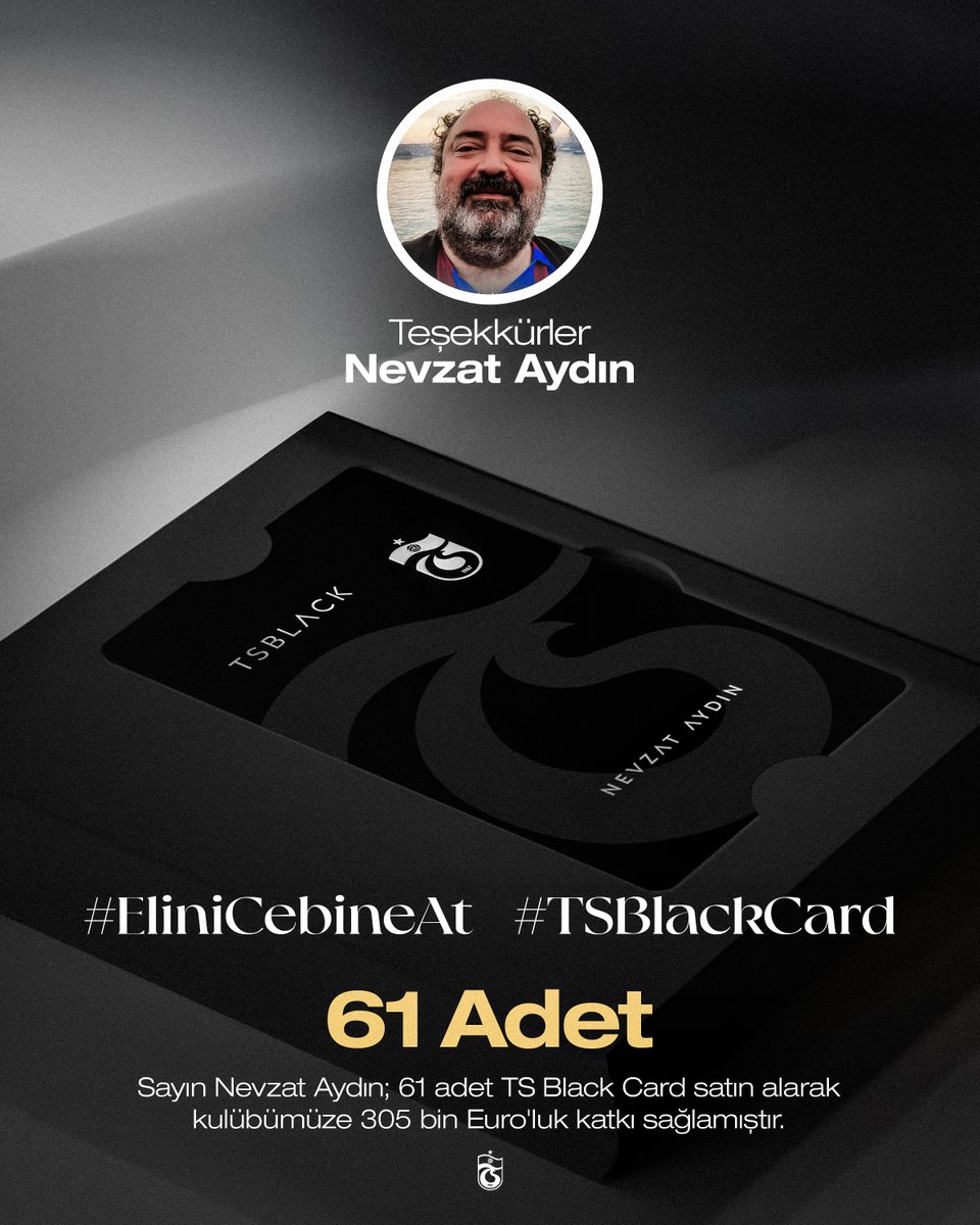 Trabzonspor's tweet photo. #EliniCebineAt | #TSBlackCard

İş insanı ve eski yöneticilerimizden Nevzat Aydın, 61 adet TS Black Card satın alarak kulübümüze 305 bin Euro'luk katkı sağlamıştır.

Teşekkürler Nevzat Aydın.

@zagortenay https://t.co/93QMdzUeHG