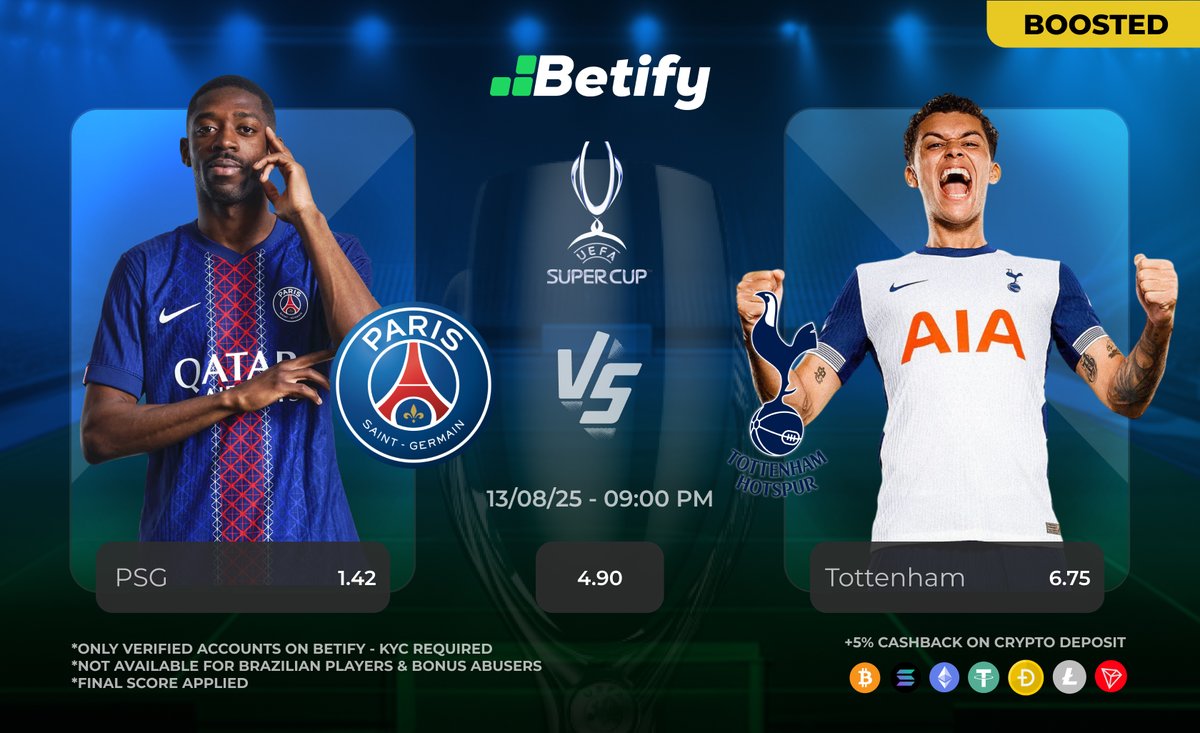Betify's tweet photo. FINAL UEFA SUPER CUP 🏆

Paris Saint-Germain  VS  Tottenham Hotspur

Predict first player scorer + final score for a chance to win a 🎁

💚 + RT ♻️ + 🔔 Follow @betify
⚠️ 1 guess per account
No Betify🆔 = No participation

3 winners 🔥

🔗 https://t.co/TWjwGh1czD