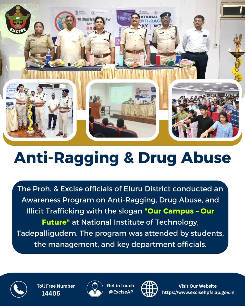 🎓 Awareness for a Safer Campus 🚫💊
Eluru District Proh. &amp; Excise officials conducted an Awareness Program on Anti-Ragging, Drug Abuse &amp; Illicit Trafficking at NIT Tadepalligudem with the slogan "Our Campus – Our Future".
#OurCampusOurFuture #DrugFreeIndia #AntiRagging