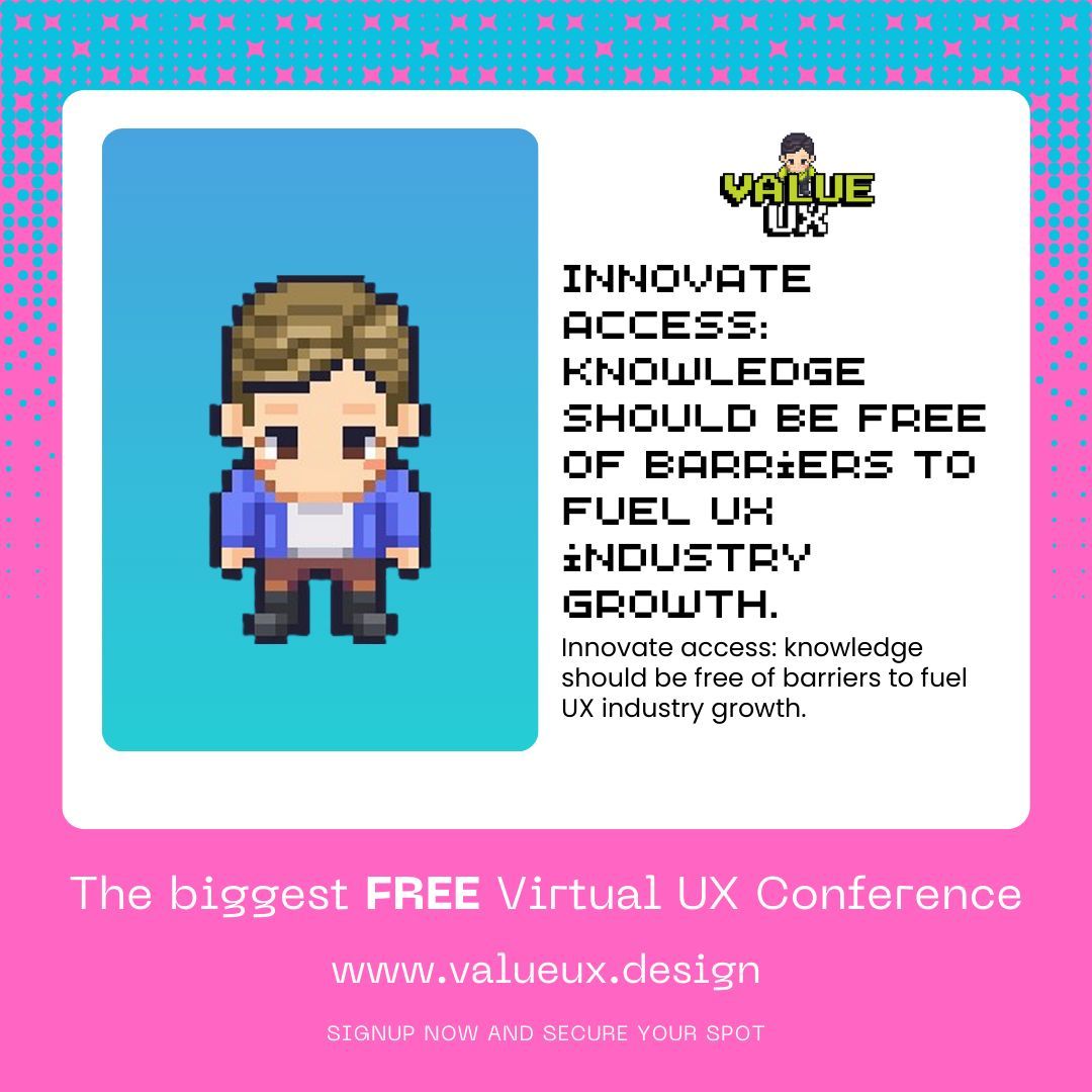 valueuxconf's tweet photo. Unlock transformative UX insights for free at the Value UX Virtual Conference. Dive into expert knowledge and shape the future of UX design. Sign up at https://t.co/wNHAdmiuVE. Will you join us? #ValueUX #UXDesign
Character count: 198 https://t.co/toDC6D8i71
