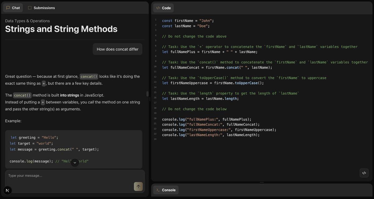 dariuscosden's tweet image. Imagine a coding learning platform, but where you learn by chatting with an AI
That's what Cosden Code is
I'm blown away by how good this feels. It's far superior than a human teacher or using standalone ChatGPT
Human-crafted expert courses + AI delivery is the future