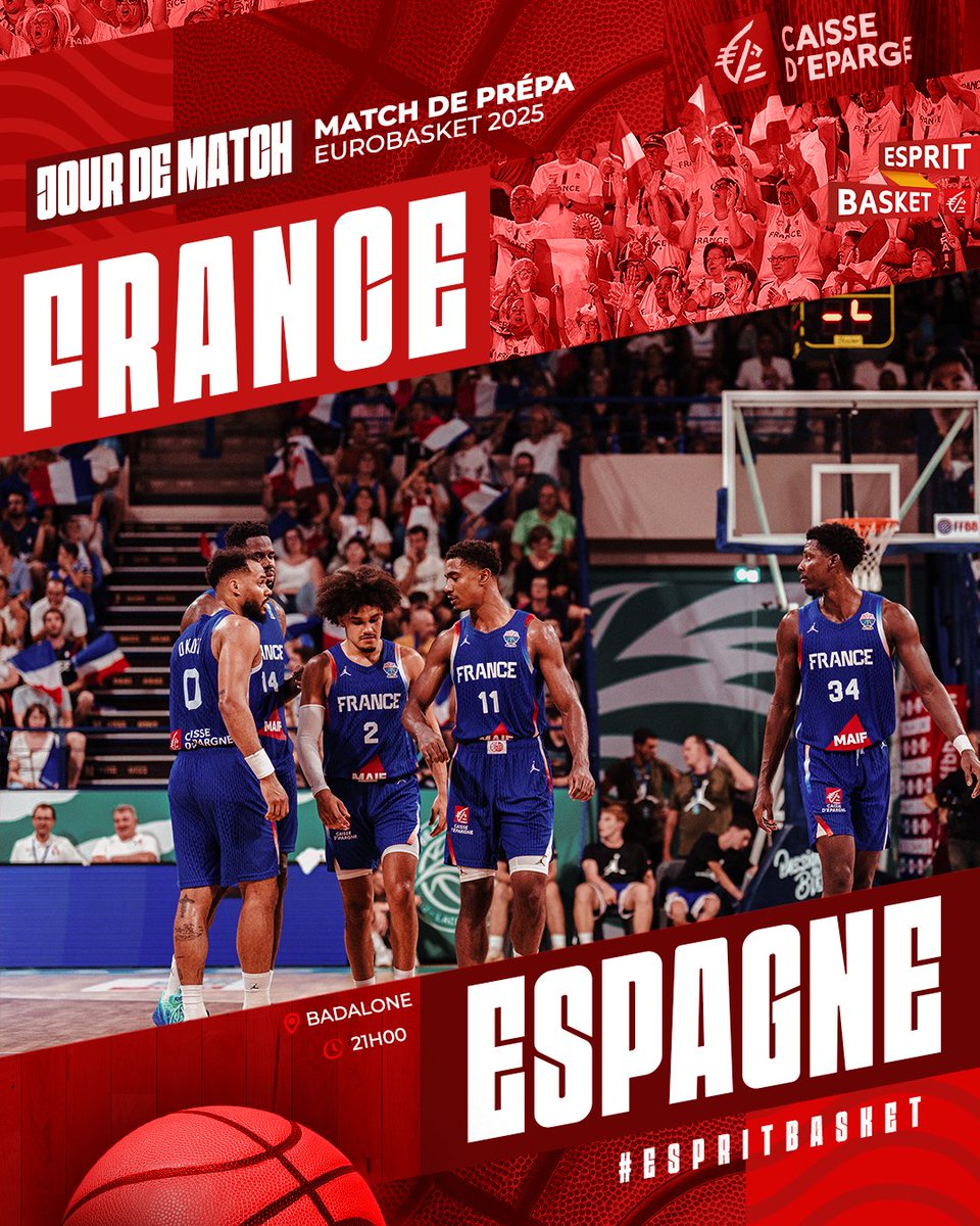 Esprit Basket Caisse d’Epargne (@espritbasket) on Twitter photo La prépa des Bleus <a href="/FRABasketball/">Équipes de France de Basket</a> 🇫🇷 se poursuit, et cette fois-ci contre nos adversaires de toujours : l'Espagne 🇪🇸 !
Match sur les terres espagnoles pour nos tricolores, avec un vrai gros challenge face aux Champions d'Europe en titre !
📍 Badalone - Espagne
📺 La prépa des Bleus <a href="/FRABasketball/">Équipes de France de Basket</a> 🇫🇷 se poursuit, et cette fois-ci contre nos adversaires de toujours : l'Espagne 🇪🇸 !
Match sur les terres espagnoles pour nos tricolores, avec un vrai gros challenge face aux Champions d'Europe en titre !
📍 Badalone - Espagne
📺