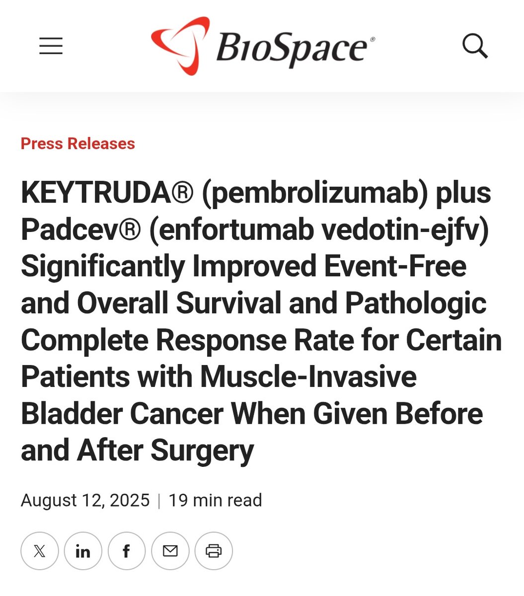 OpenMedInsights's tweet photo. 🚨 @FDA Approval Alert
Perioperative #KEYTRUDA® (pembrolizumab) + #PADCEV® (enfortumab vedotin-ejfv) receives FDA approval for cisplatin-ineligible MIBC before & after surgery.
@OncoAlert
@biospace @Merck
✍️ First systemic perioperative regimen to significantly improve EFS, OS & pCR vs surgery alone.
✅ Consistent safety profile
🔑 Expands curative-intent options for a population with high unmet need
#BladderCancer #FDAApproval #UrothelialCarcinoma #ImmunoOncology #MedicalWatch #GlobalGU
@Adium_Ecuador @adiummx
https://t.co/SJypcelPCa