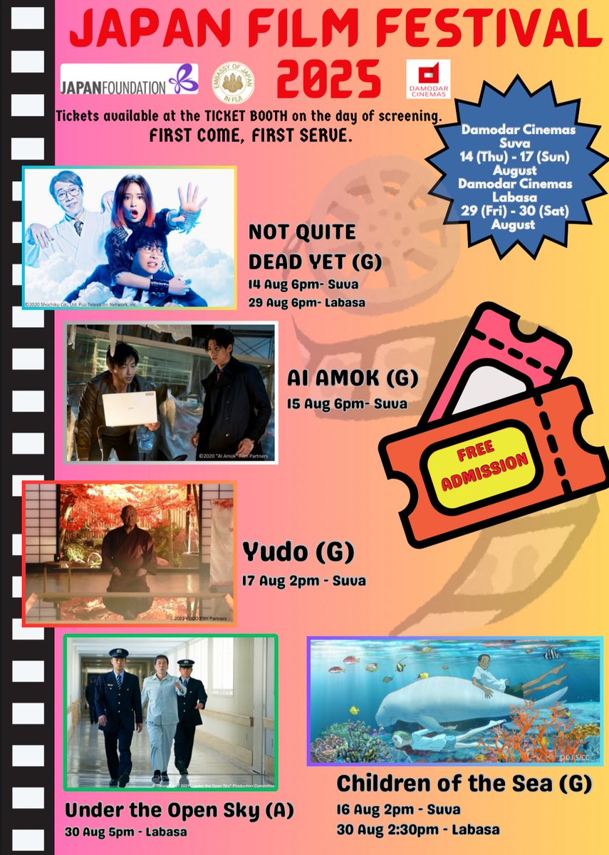JAPANembFIJI's tweet photo. 📣 🇯🇵 Film Festival 2025 starts tomorrow (Thu 14) at 6PM #damodarcinemas Damodar City 🤗 https://t.co/vxCrDdaA9m