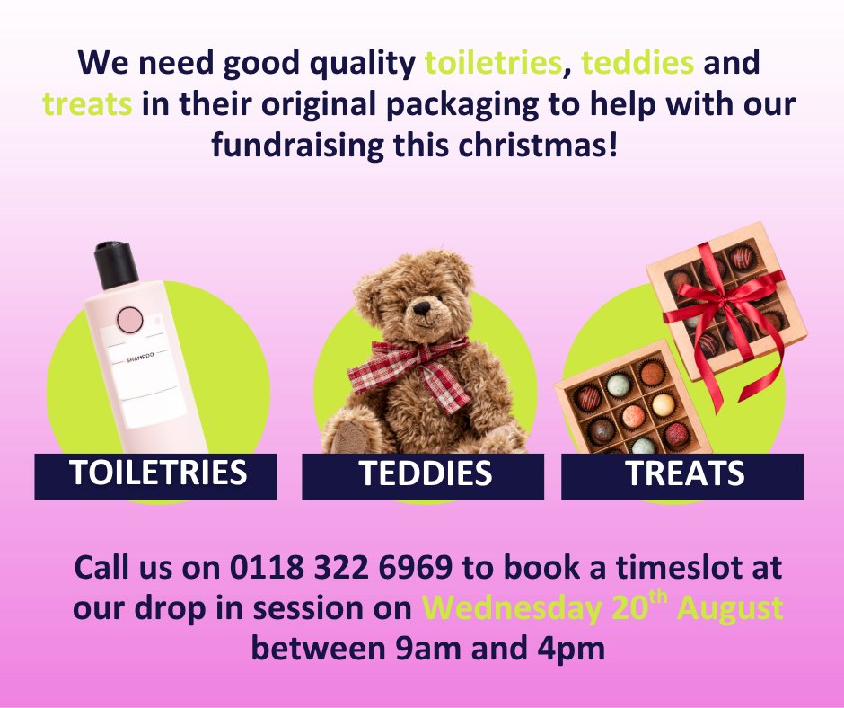 Got any unwanted but unused toiletries, toys or treats at home? Why not donate them to Royal Berks Charity!

We're collecting goodies in their original packaging to use in our festive fundraising this Christmas.