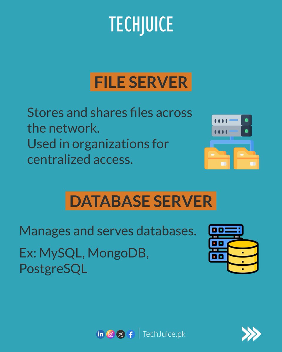 TechJuicePk's tweet image. Types of Servers:

Web Server, Mail Server, File Server, Database Server, Proxy Server, Game Server. 

Swipe to know what these servers do.

#Servers #IT #WebServer #MailServer #DatabaseServer #ProxyServer #GameServer #TechTalk