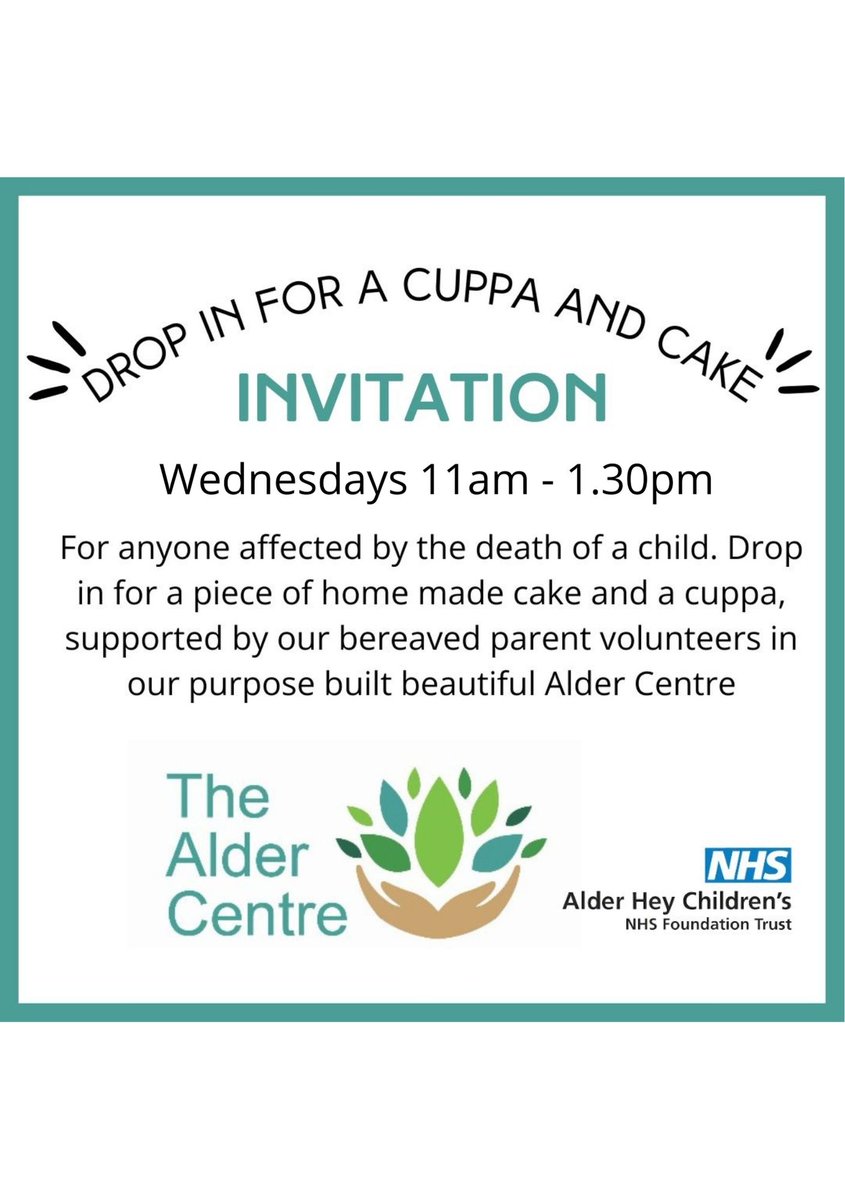 Join us for a cuppa drop-in session today at the Alder Centre, come in for a delicious homemade cake or pastries and a chat! No booking needed, just walk in. #bereavementsupport #dropin #bereavedfamilies #childloss