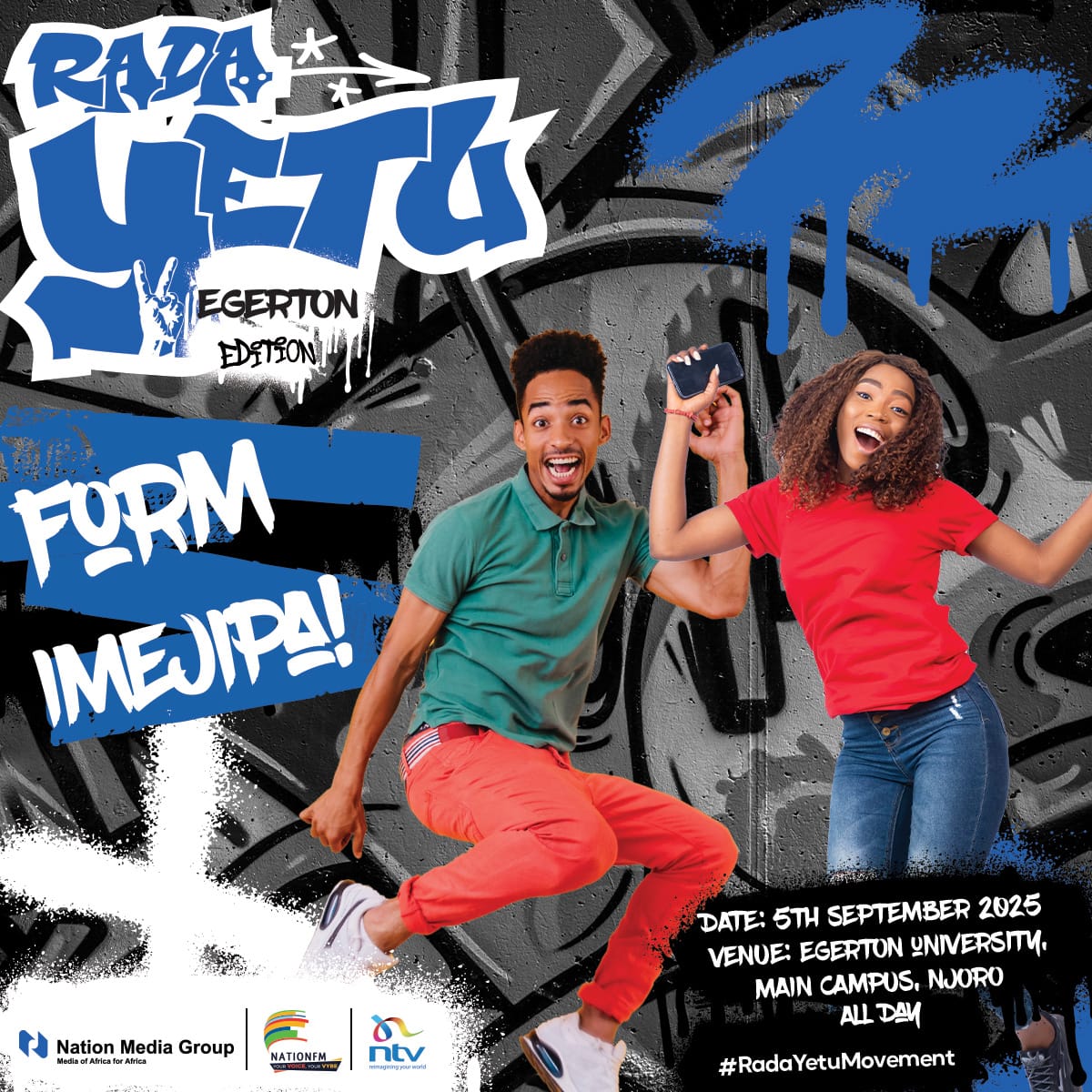 RadaYetuKe's tweet photo. The countdown begins… RADA YETU EGERTON UNIVERSITY EDITION. 🙌🏾

#RadaYako #RadaYetu #RadaYaZetech #RadaYetuMovement

VENUE: @egertonunikenya , Njoro Campus - 5th September 2025

FOM IMEJIPA Powered by @NationFmKE https://t.co/vAhk7fPGtW