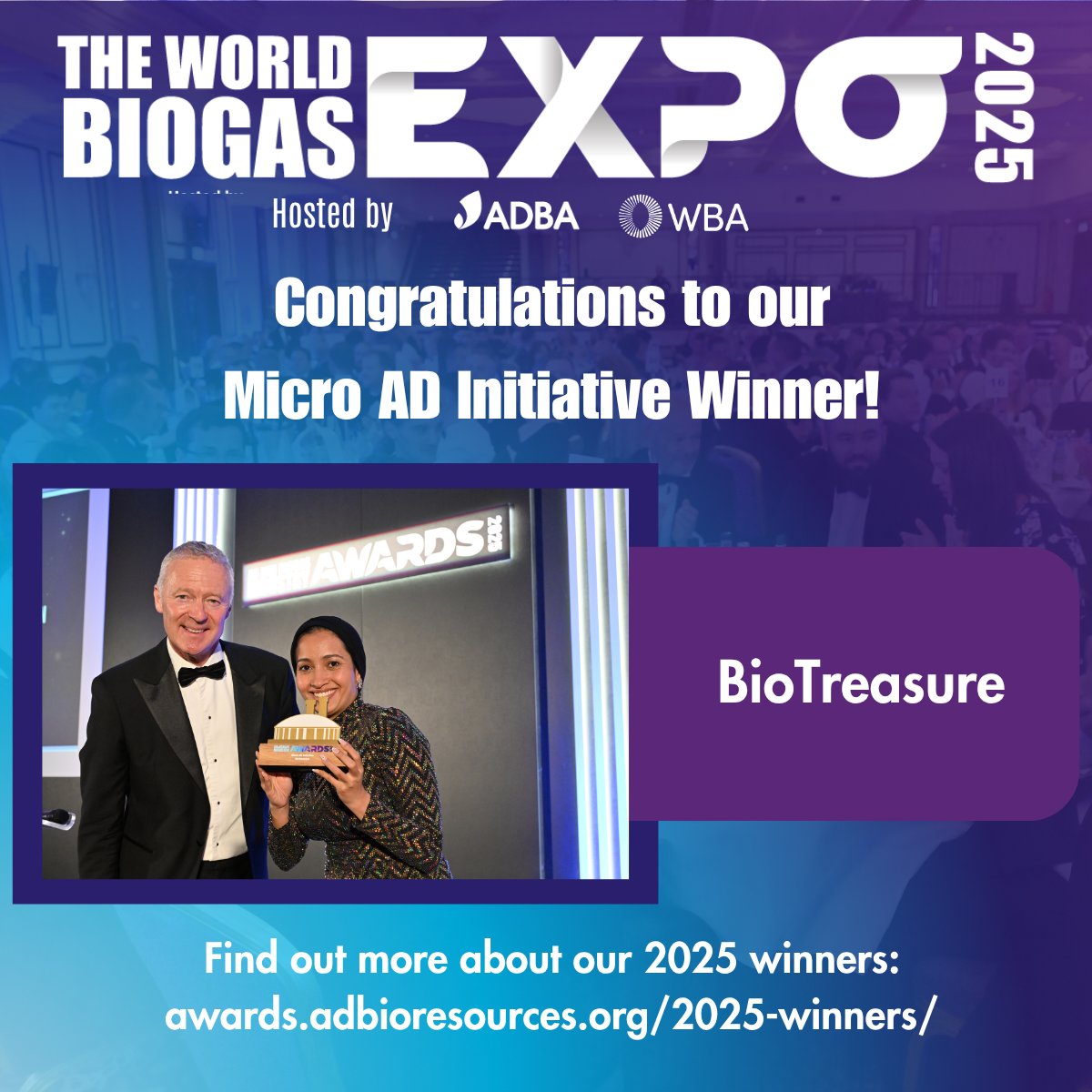 Congratulations to our 'Micro AD Initiative Award' winner BioTreasure!

Find out more about our 2025 winners: awards.adbioresources.org/2025-winners/

#ADandBiogasAwards #AD #biogas #anaerobicdigestion #biogasindustry #microAD