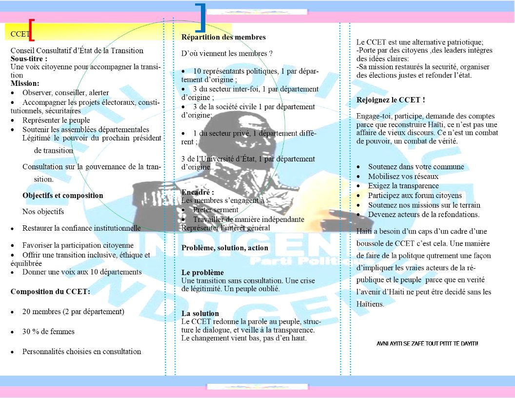 PartiIndigene's tweet photo. CPT sa a san plan, san vision, san objektif, san Direksyon, san pèp, se pa solisyon an sa. Peyi a bezwen lòd, respèak vision.Nou di non ak CPT a nou di wi ak CCET a. CCET a se you ekip citoyen kap veye, kap klere chimen an, kap mete transparans, diyite nan tranzisyon an. https://t.co/IZQAxjEqvi