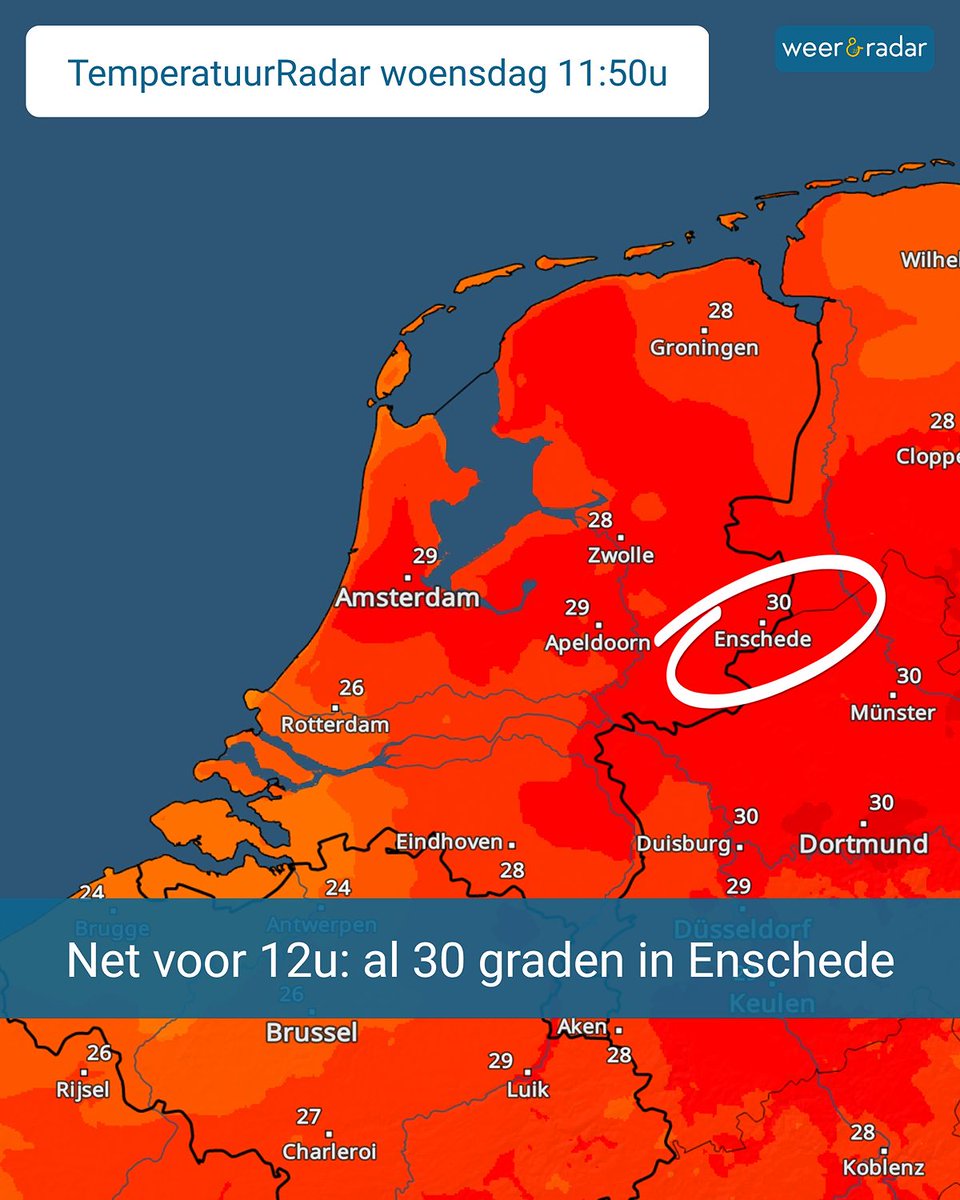 weerenradar_nl's tweet image. +++ #Weerupdate woensdag 13.08 12:00u +++
#Enschede heeft het spits afgebeten voor vandaag. Daar is het net voor 12u al 30 graden. Snel zullen meer delen van het land volgen, met in het #zuidoosten zelfs 35 graden. Meer info: app.weerenradar.nl/U13Q/nwymi1cu 
#weernieuws #warm #hittegolf