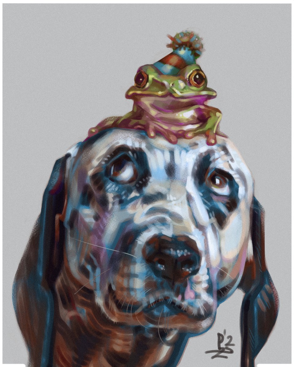 pakowacz's tweet photo. digital painting of a dog and a frog, because it's Wednesday my dudes 🍀🐶short video of the process here: https://t.co/oO4bg2HoIa #wednesday #digitalart #meme #frog #dog https://t.co/g2SZUXUISH