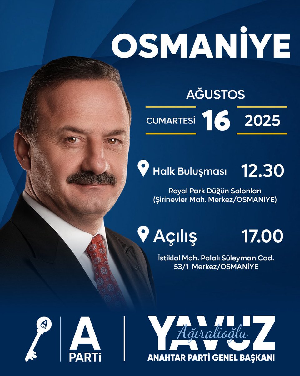 Osmaniye Halk Buluşmamız ve İl Başkanlığı Binamızın açılışı, Genel Başkanımız Sayın Yavuz Ağıralioğlu’nun katılımlarıyla, 16 Ağustos Cumartesi günü gerçekleştirilecektir. Tüm halkımızı “Ev Sahibi” olarak bekliyoruz.