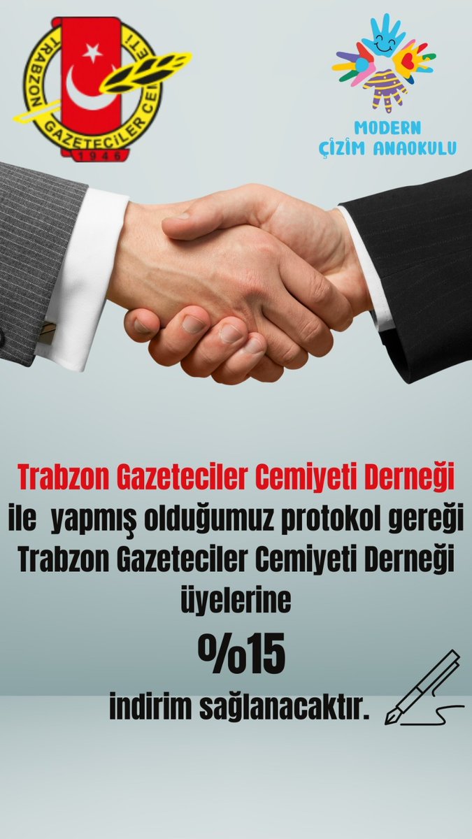 Trabzon Gazeteciler Cemiyeti ile Modern Çizim Anaokulu arasında imzalanan protokol kapsamında, cemiyet üyelerimize %15 indirim sağlanacak. 🎉

📍 İndirim, Modern Çizim Anaokulu’nda eğitim alan tüm üyelerimizin çocukları için geçerlidir.