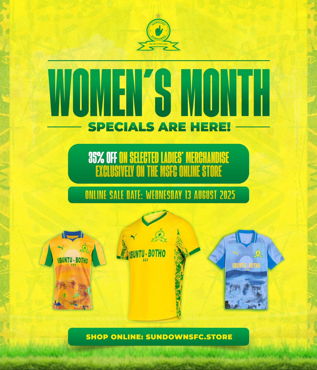 Mamelodi Sundowns FC (@masandawana) on Twitter photo ๐๐๐๐๐๐๐๐ ๐๐๐๐๐๐๐ ๐๐๐๐๐๐๐๐๐๐ ๐๐๐๐๐'๐ ๐๐๐๐๐ ๐๐
The Womenโs Month sale is live! Save up to 35% on selected ladiesโ merchandise exclusively on the Mamelodi Sundowns online store. ๐ฒ sundownsfc.store
#Sundowns #SundownsLadies ๐๐๐๐๐๐๐๐ ๐๐๐๐๐๐๐ ๐๐๐๐๐๐๐๐๐๐ ๐๐๐๐๐'๐ ๐๐๐๐๐ ๐๐
The Womenโs Month sale is live! Save up to 35% on selected ladiesโ merchandise exclusively on the Mamelodi Sundowns online store. ๐ฒ sundownsfc.store
#Sundowns #SundownsLadies