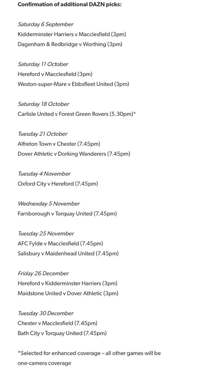 DAZN has announced live coverage of National League North &amp; South fixtures through to the end of December.