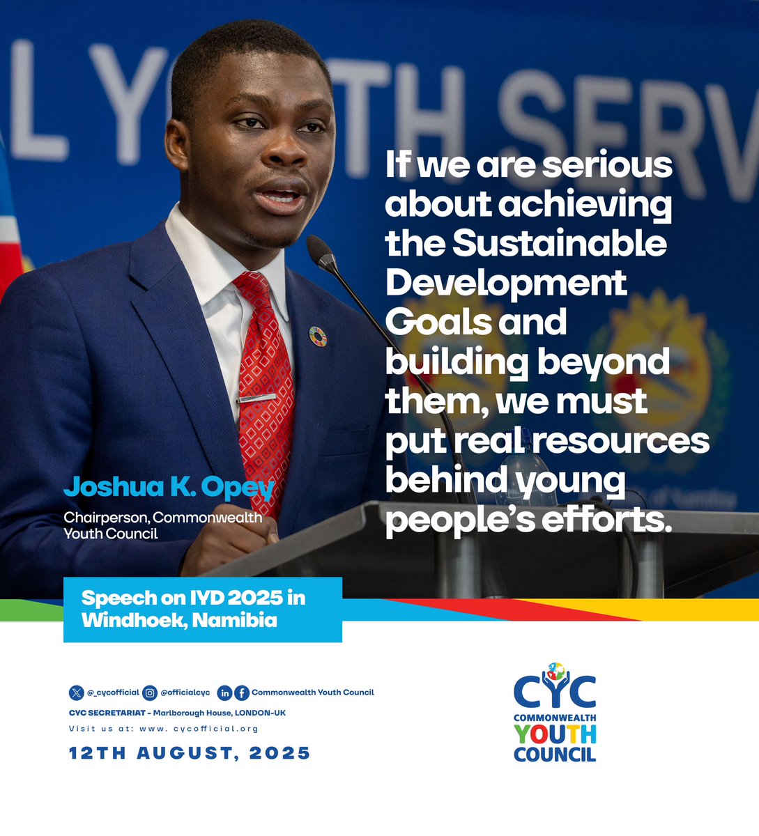 _cycofficial's tweet photo. Here are excerpts from the speech delivered by the Chairperson of the Commonwealth Youth Council, Joshua K. Opey (@jkOpey), during yesterday's International Youth Day event in Windhoek, Namibia.
#GetYouthInvolved
#IYD25
1/2 https://t.co/ujDnZsj2Pa