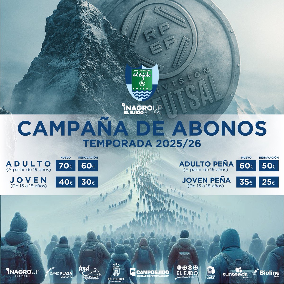 ¡Volveremos a soñar!💪💙

¡ABÓNATE YA! …congelamos los precios de los abonos con el objetivo de llenar el pabellón y llegar a los 1500 en cada partido😉

En nuestra oficina del Pabellón de lunes a viernes (9h-14h / 16h-18h)

#Inagroup #ElEjido #abonos #Temporada2025_26