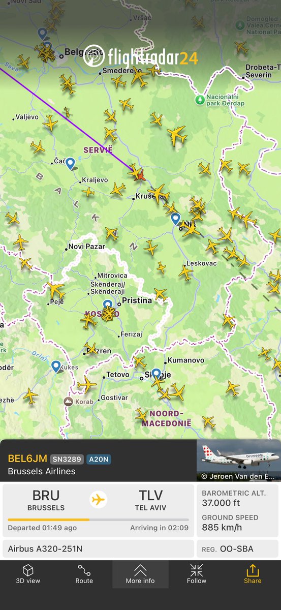 Sinds vandaag vliegt Brussels Airlines weer naar Tel Aviv, voorlopig twee keer per week. 
De eerste vlucht na de onderbreking is vanochtend feilloos vertrokken ondanks de morele bezwaren van ⁦⁦<a href="/acvpuls/">ACV Puls</a>⁩

Flight SN3289 from Brussels to Tel Aviv
fr24.com/BEL6JM/3bb5e70b