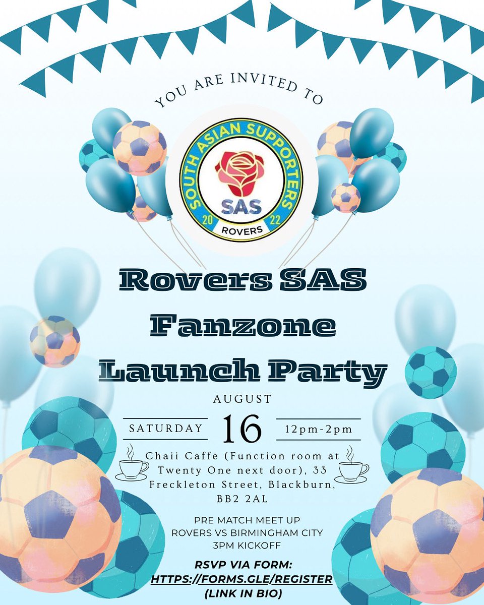 Rovers SAS are officially launching the Fan Zone at Chaii Caffe on Saturday 16th August prior to our first home league game of the season against Birmingham City.

Please register via the link below;

forms.gle/x8d4BvhRfqmSFb… 
(one form per person - first come first served basis)