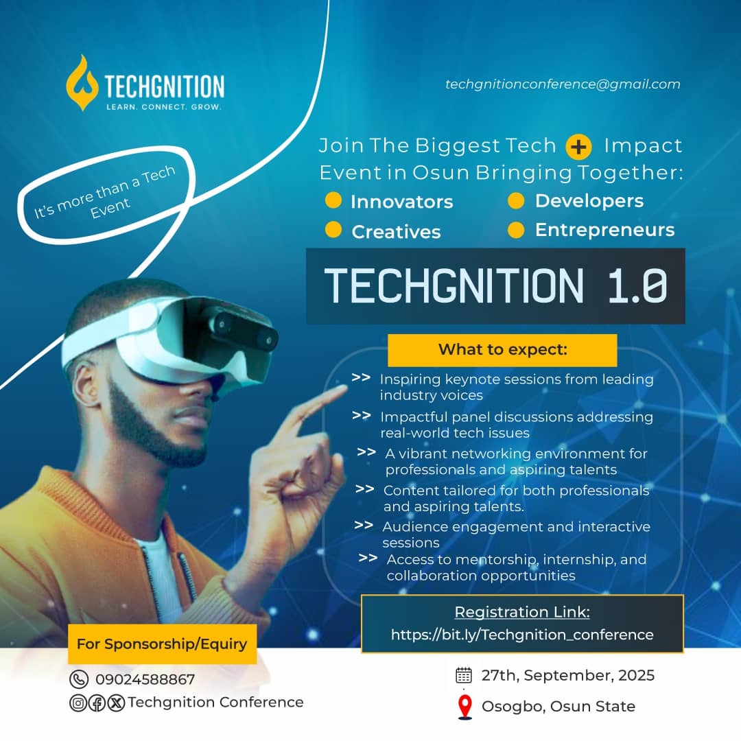 ATCAfricaOsun's tweet image. Partnership Secured! 

ATC Africa Osun State is proud to be a partner for the Techgnition Conference,a platform to showcase our talents, build capacity, and connect with industry leaders.

Osun tech is ready to shine! 🌍

Registration link below 👇  
bit.ly/Techgnition_co…