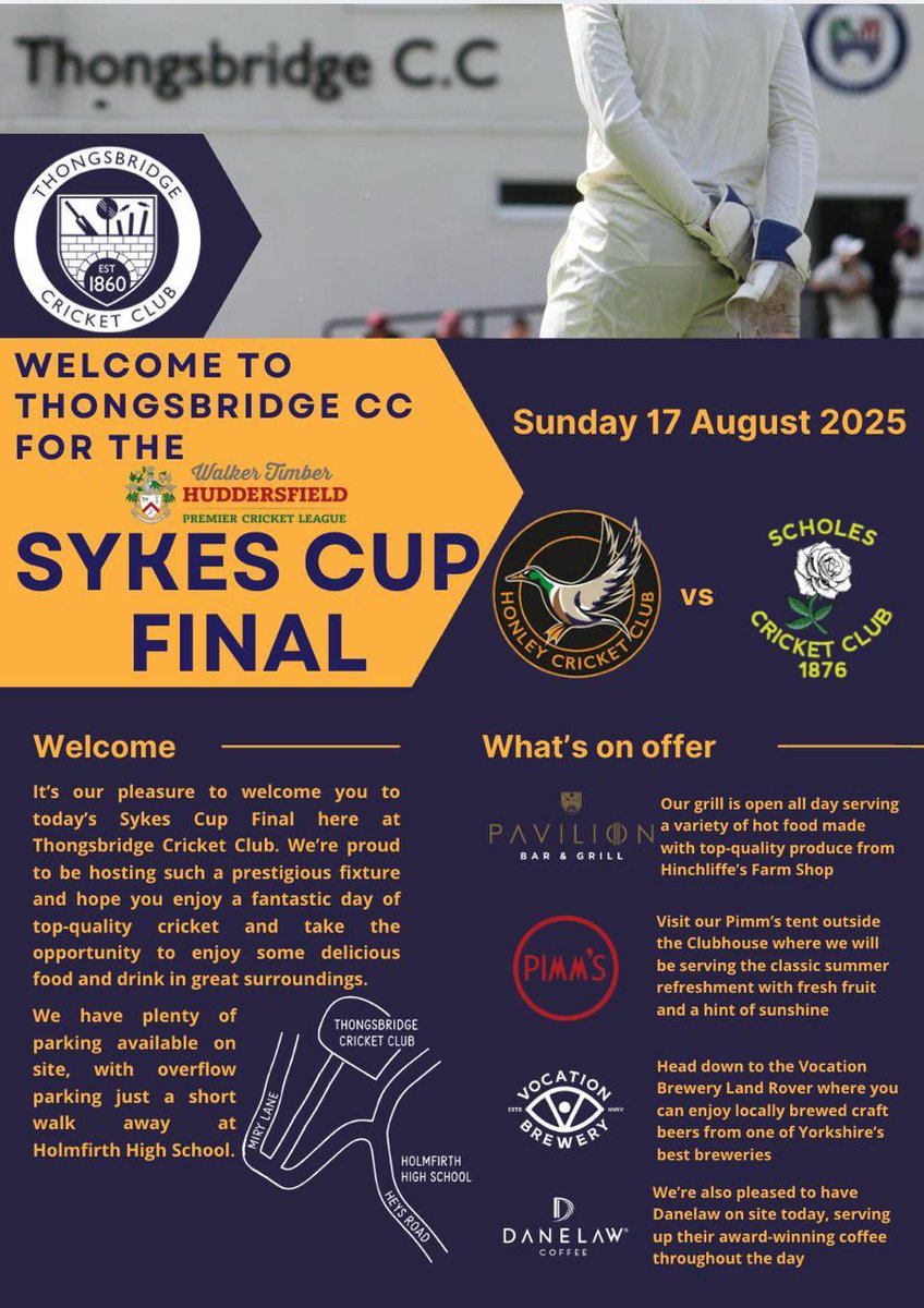 Huddersfield Cricket League (@huddcricket) on Twitter photo A little useful info on parking and refreshments from host club <a href="/ThongsbridgeCC/">Thongsbridge CC</a> ahead of Sunday’s showcase Pearson Financial Wellbeing Sykes Cup Final on Sunday. It starts at noon.
<a href="/Huddsscholescc/">Scholes CC</a> | <a href="/honleycc/">Honley Cricket Club</a> A little useful info on parking and refreshments from host club <a href="/ThongsbridgeCC/">Thongsbridge CC</a> ahead of Sunday’s showcase Pearson Financial Wellbeing Sykes Cup Final on Sunday. It starts at noon.
<a href="/Huddsscholescc/">Scholes CC</a> | <a href="/honleycc/">Honley Cricket Club</a>