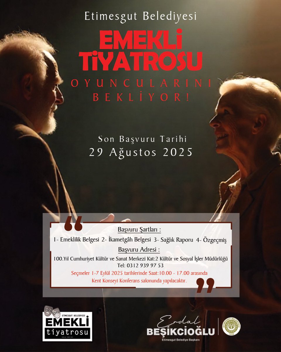 🎭 Emekli Tiyatrosu İkinci Kez Perde Açıyor!

Geçtiğimiz yıl ilk kez hayata geçirdiğimiz ve büyük ilgi gören Etimesgut Belediyesi Emekli Tiyatrosu, bu yıl ikinci kez sahne heyecanını emeklilerimizle buluşturuyor.
Sahnede olmanın coşkusunu, dostluğun ve üretmenin keyfini birlikte