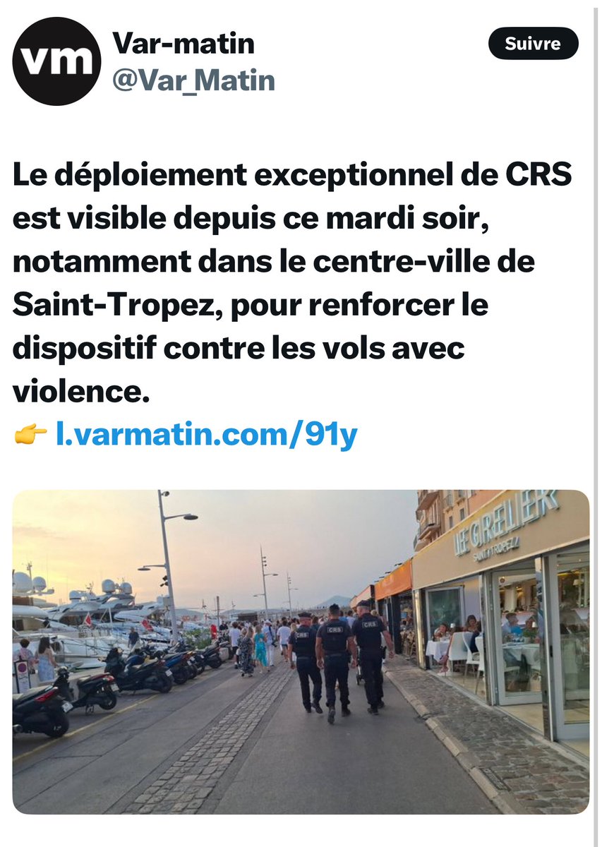 Il aura fallu une flambée des vols pour qu’à la mi-août soit envoyés des renforts de CRS à #SaintTropez pendant que d’autres #CRS étaient sommés de surveiller un logement vide et de nourrir des poules pour la présidente de l’Assemblée nationale.
