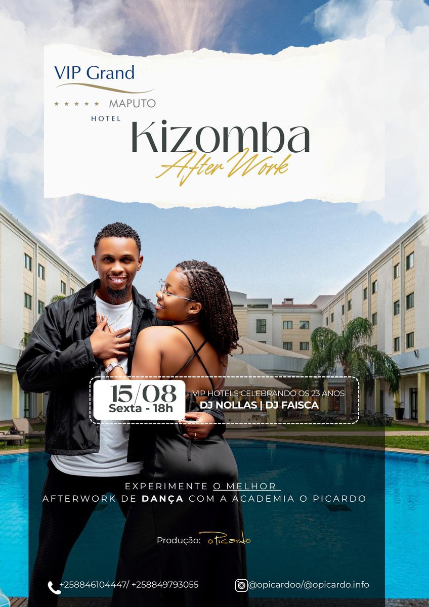 HotelVIPMoz's tweet photo. Esta sexta-feira temos o maior Afterwork com O Picardo. E porque estamos no mês do 23o aniversário do Hotel VIP, queremos celebrá-lo consigo. 

Kizomba + Boa Vibe + Duas Pistas

📅Data: 15 de Agosto
⏰Hora: 18h-22h
Entradas livres https://t.co/e6PGFmMo3D