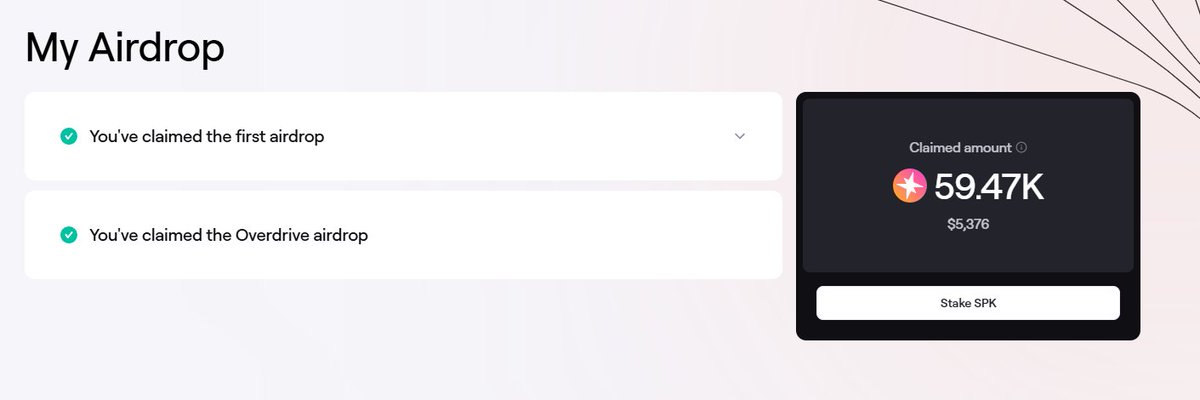 ได้ airdrop 10x จากการ stake แค่ 5,000 $SPK + supply USDC ส่วนนึง

ยังงงๆอยู่ว่าอยู่ดีๆเช้านี้มีเพื่อนบอก $SPK แจก airdrop เยอะมาก จนเข้าไปดูเป๋าไก่ที่ stake ไปขำๆตั้งแต่ 2 เดือนที่แล้ว

ปรากฏว่าผมได้ airdrop มาเพิ่ม ~55,000 $SPK ประมาณ $5,000 USD

บทจะง่ายนี้ท่าโคตร simple 🤑🤑