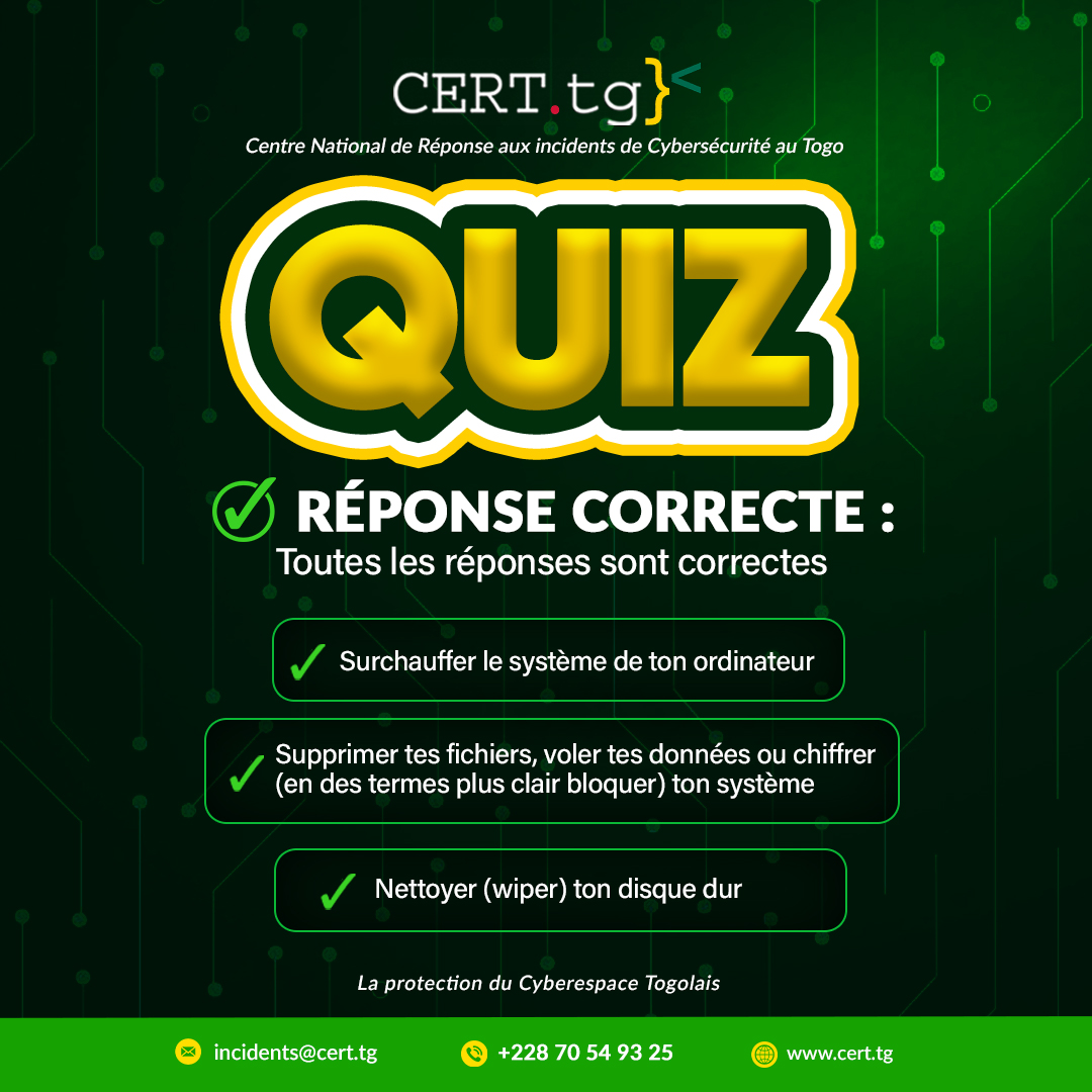 cert_tg's tweet image. Bravo à vous cyber défenseurs,
Toutes les réponses sont bonnes.
#Cybersecurite #SécuritéInformatique #CyberProtection