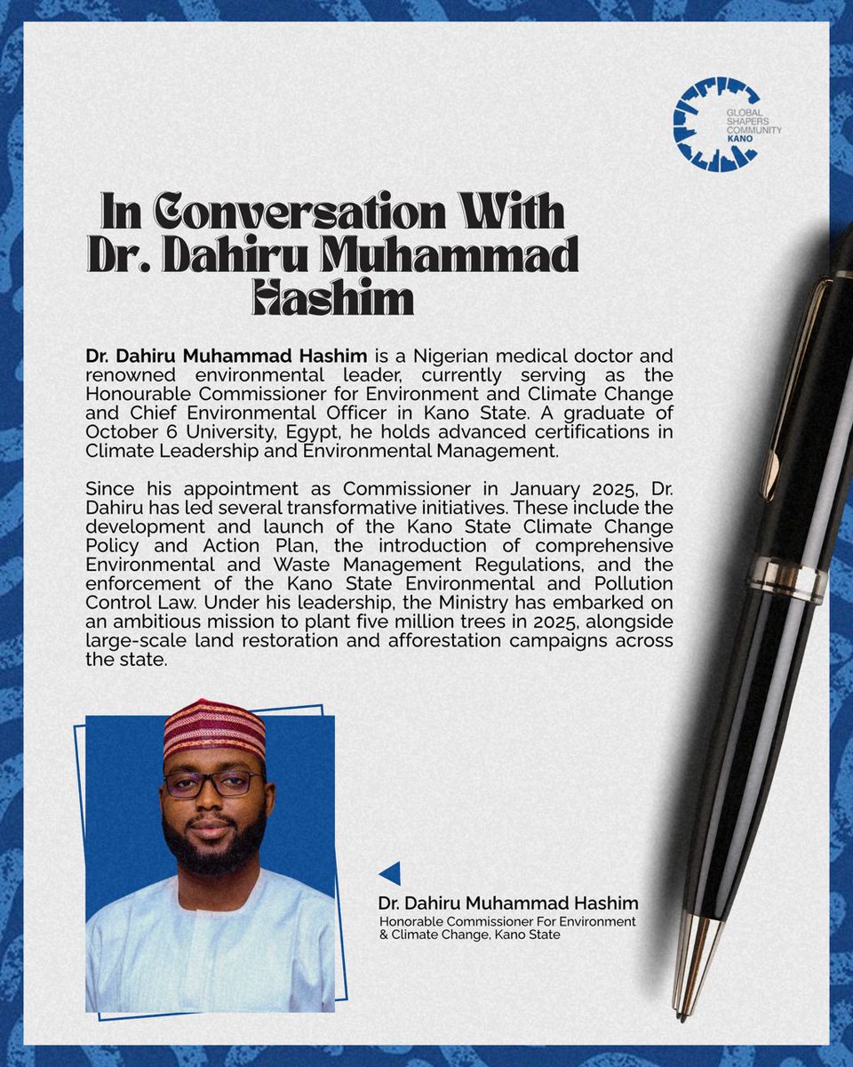 Global Shapers Kano (@shaperskano) on Twitter photo Meet Our Guest for โIn Conversationโ
Weโre honored to host <a href="/DahirMHashim/">Dahir M Hashim</a> Honorable Commissioner for Environment & Climate Change, Kano State - a visionary leader driving transformative environmental initiatives. Meet Our Guest for โIn Conversationโ
Weโre honored to host <a href="/DahirMHashim/">Dahir M Hashim</a> Honorable Commissioner for Environment & Climate Change, Kano State - a visionary leader driving transformative environmental initiatives.