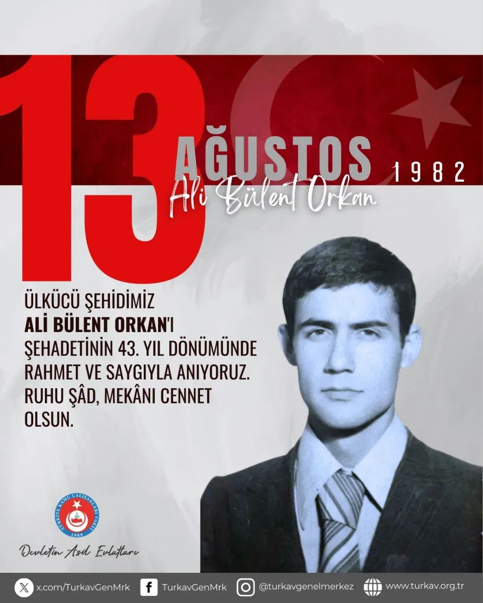 Ülkücü Şehidimiz Ali Bülent Orkan'ı şehadetinin 43. yıl dönümünde rahmet ve saygıyla anıyoruz. 
Ruhu şâd, mekânı cennet olsun.
