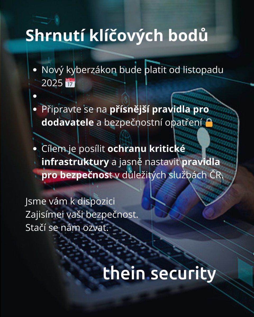 thein_security's tweet photo. Nový kyberzákon  platí od listopadu 2025! Firmy se musí připravit na přísnější regulace a kontroly dodavatelů.  Zdroj: https://t.co/z9odwfBR2G https://t.co/pTBM5xFTH4