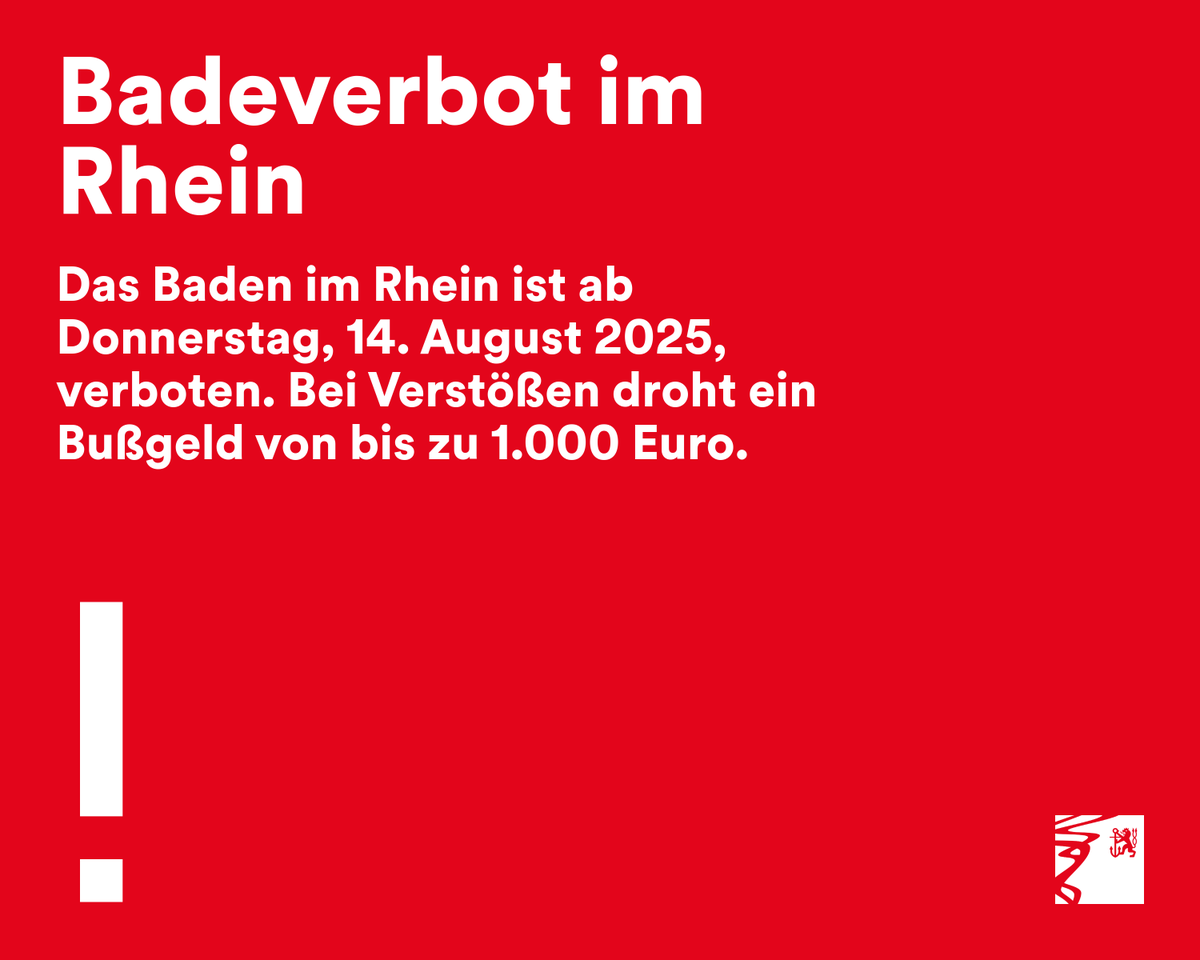 #Badeverbot im #Rhein! 🚫

Das Baden im Rhein ist ab Donnerstag, 14. August 2025, verboten. Bei Verstößen droht ein Bußgeld von bis zu 1.000 Euro. Das Verbot gilt für das gesamte Stadtgebiet der Landeshauptstadt #Düsseldorf entlang des Rheinufers

➡️ duesseldorf.de/medienportal/p…