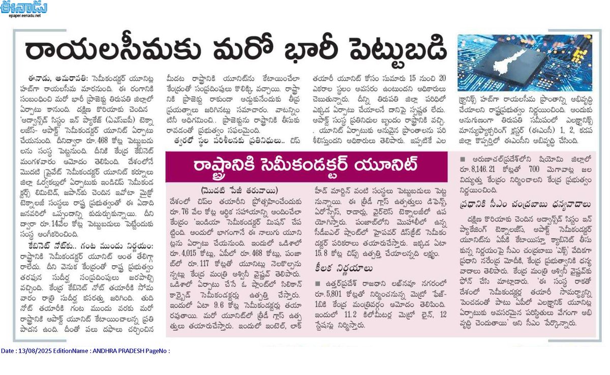 andhrudu12's tweet photo. ఏపీకి సెమీకండక్టర్ యూనిట్
రూ.468 కోట్లతో ఏర్పాటు
ఒడిశాలో 2, పంజాబ్లో 1 చొప్పున మొత్తం 4 యూనిట్లు
కేంద్ర క్యాబినెట్ నిర్ణయం
#SemiConductorProjects #AndhraPradesh #Tirupati https://t.co/Tsthms4fIH